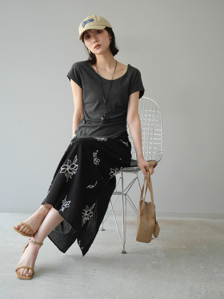 [予約]タックTシャツ＆レザーハートネックレスSET /チャコール