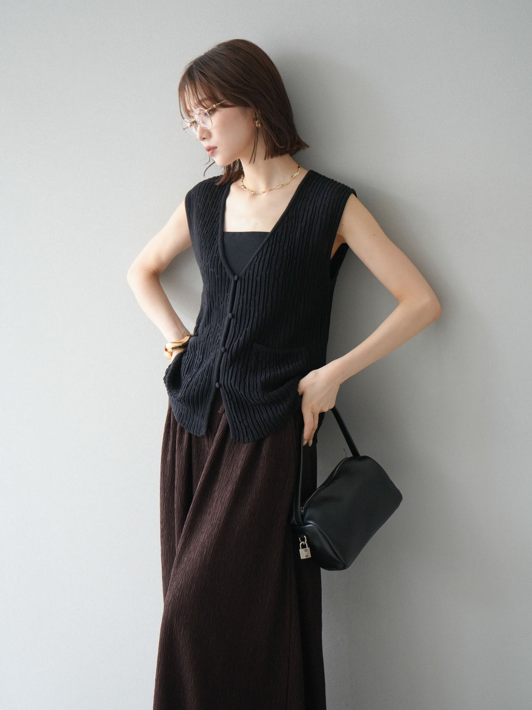 [SET] 波浪夏季針織背心+柳葉寬腿褲（2件套）