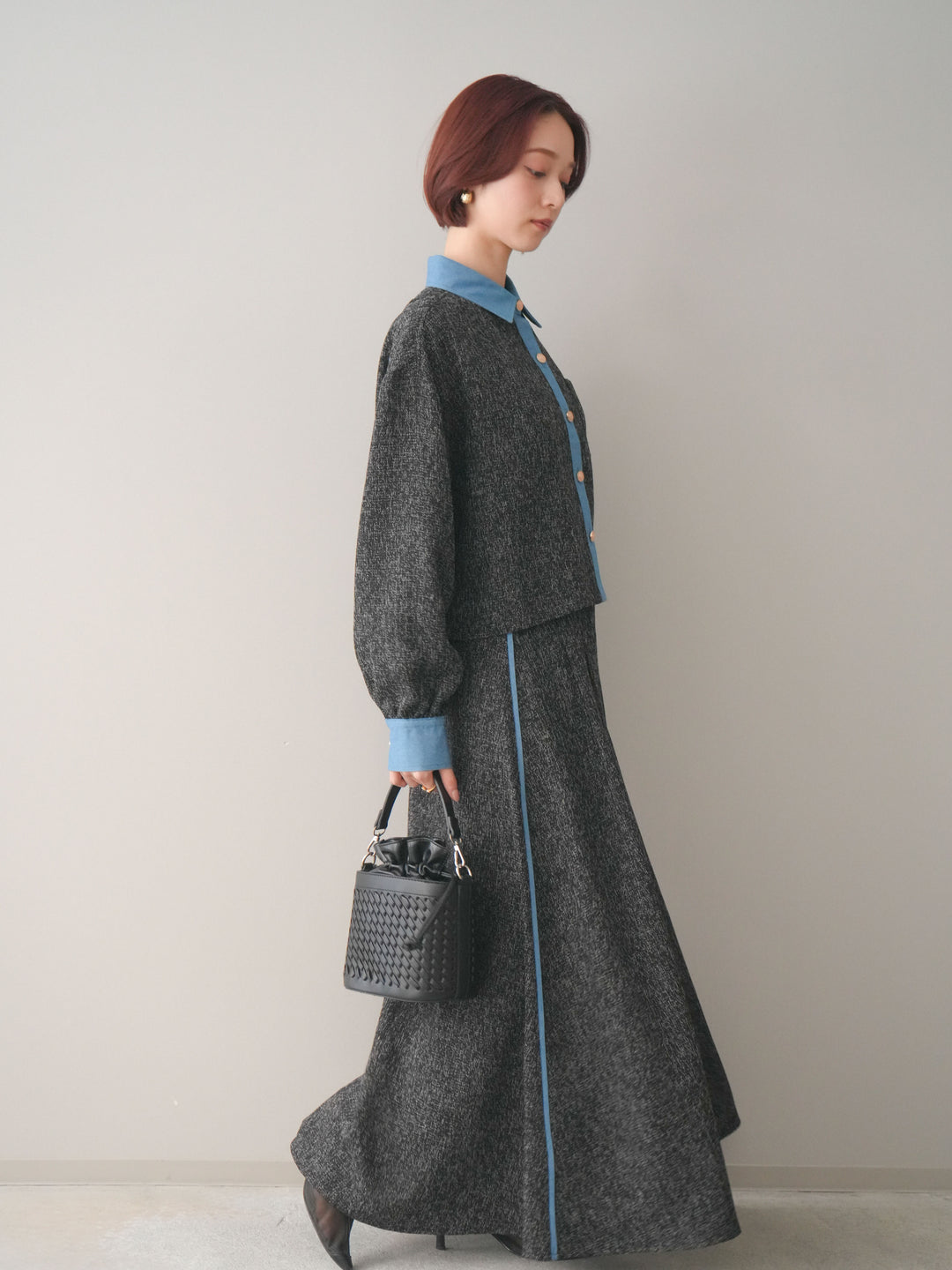 [SET]異素材サマーツイードシャツ+異素材サマーツイードタックフレアスカート(2set)