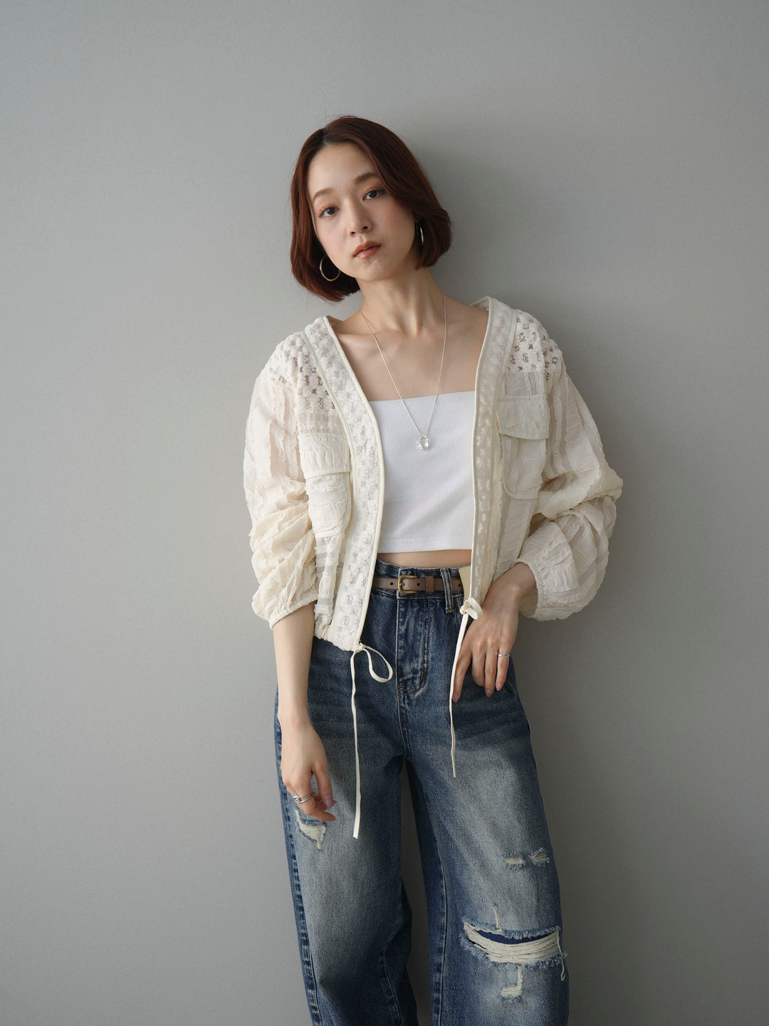 [SET]パッチワークシアーフリルブルゾン+パッチワークシアーフリルブルゾン(2set)