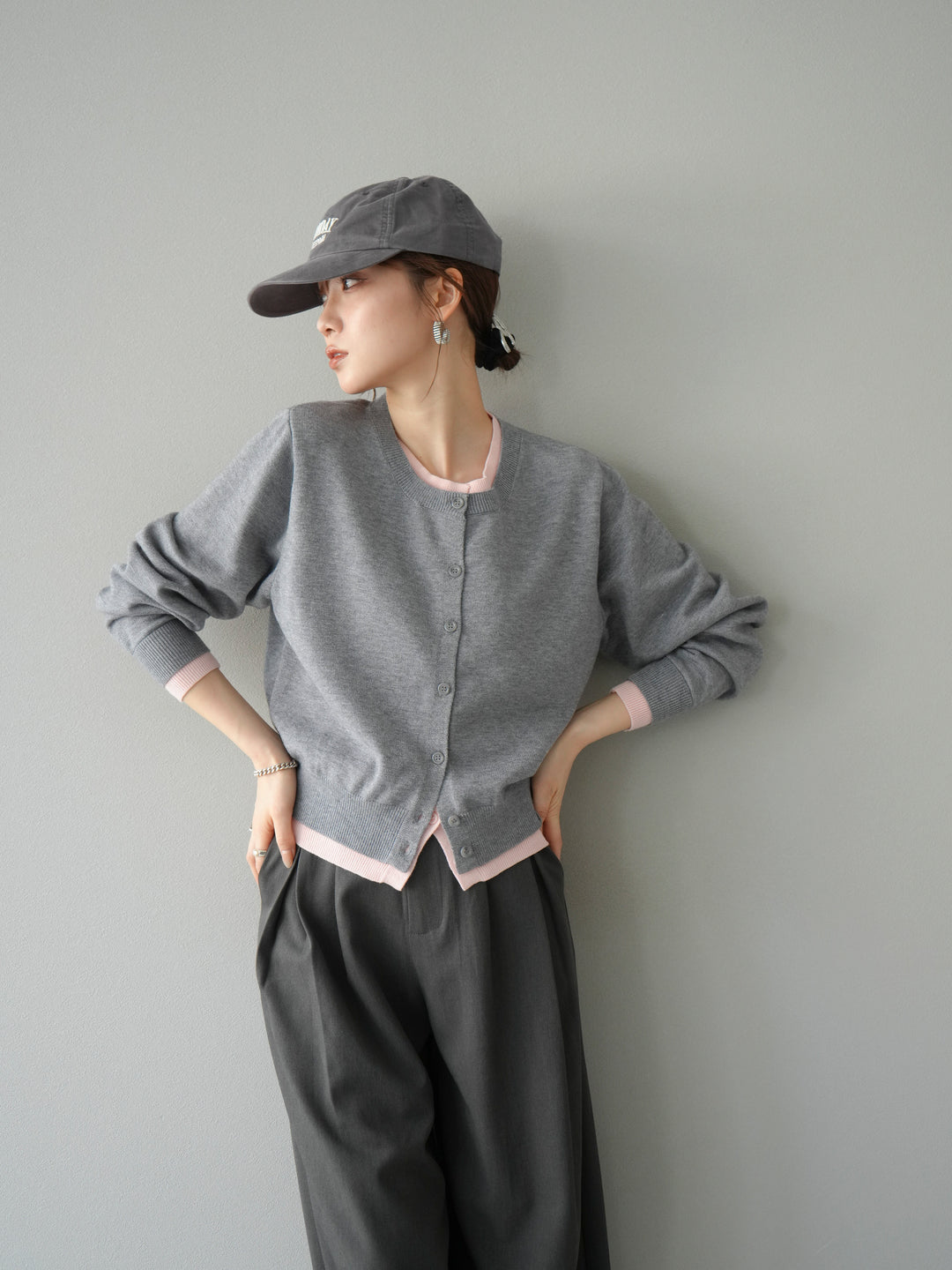 【預購】顏色協調的多層開襟衫/灰色