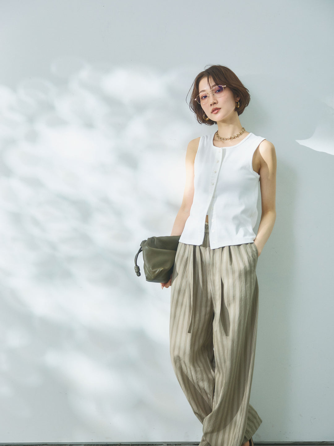 【Allure】[SET]フロントボタンテレコリブタンクトップ+ストライプイージーパンツ(2set)