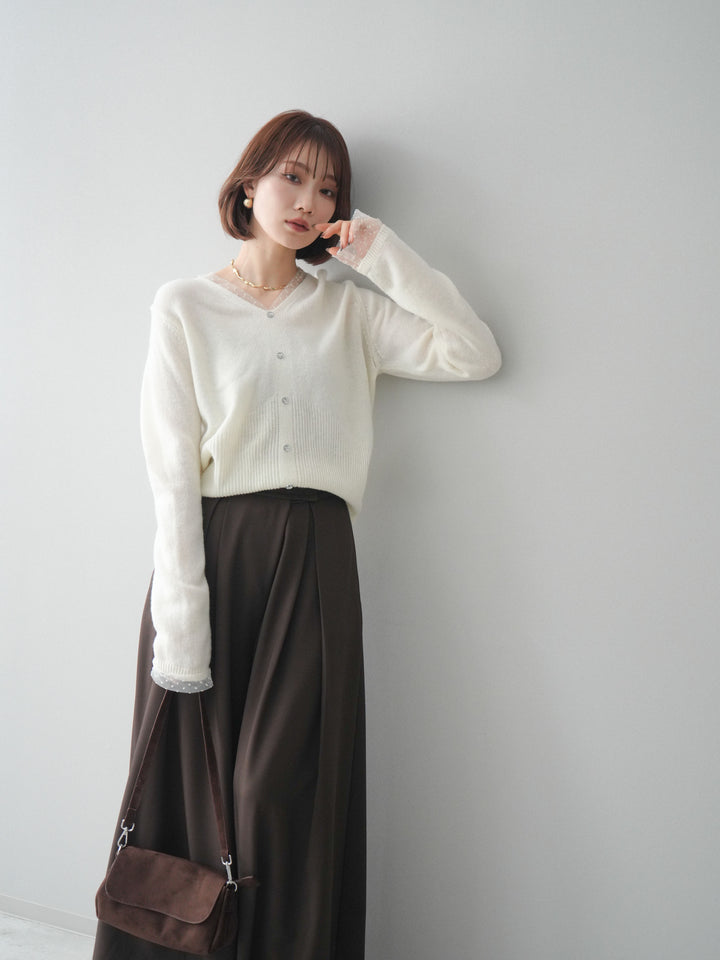 [SET]ドットチュールレイヤードボタンニットトップス+テープベルトタックバギーパンツ(2set)