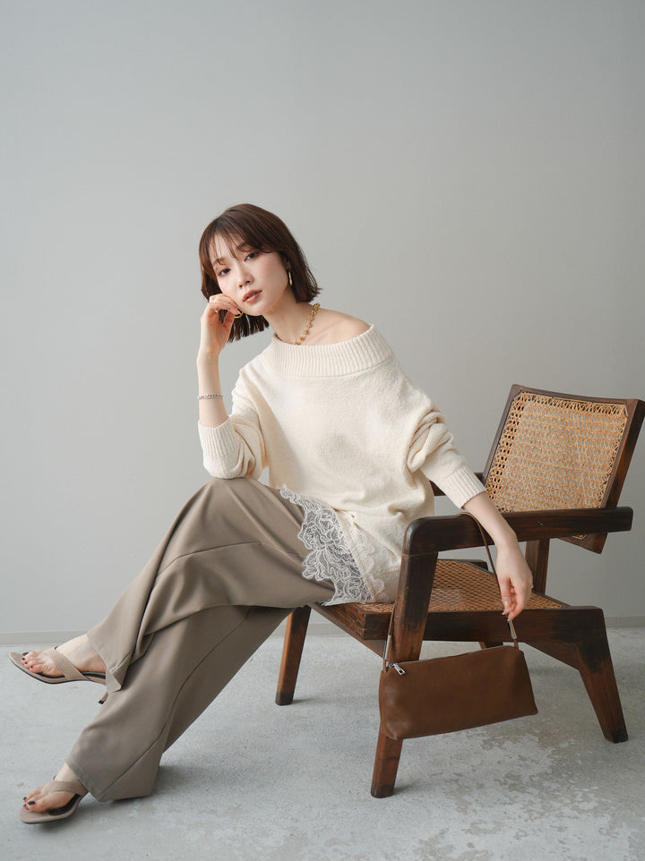 [SET]アシンメトリーレースヘムニットプルオーバー+ベルト付キーホルダーモチーフワイドパンツ(2set)