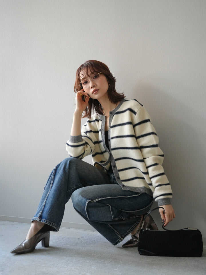 [予約]配色ボーダーニットカーディガン/apricot