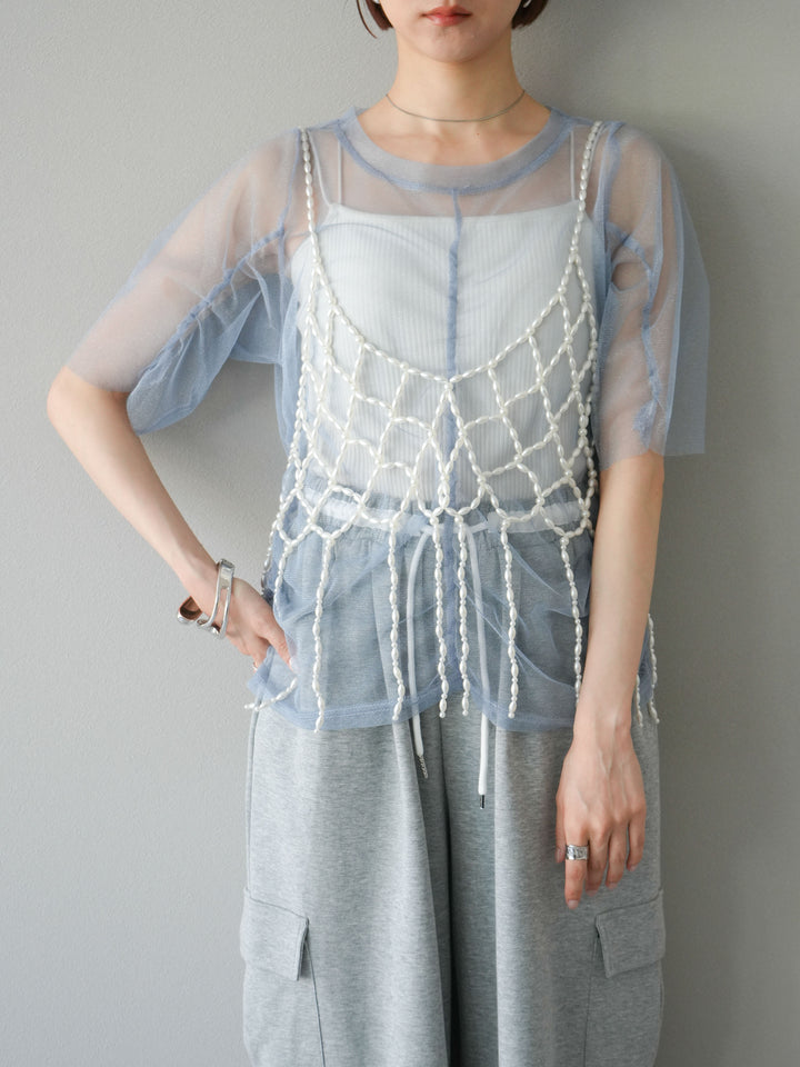 [SET]ラメチュールシャーリングプルオーバー+パールフリンジビスチェ+ウエストラインサイドポケットスウェットパンツ(3set)