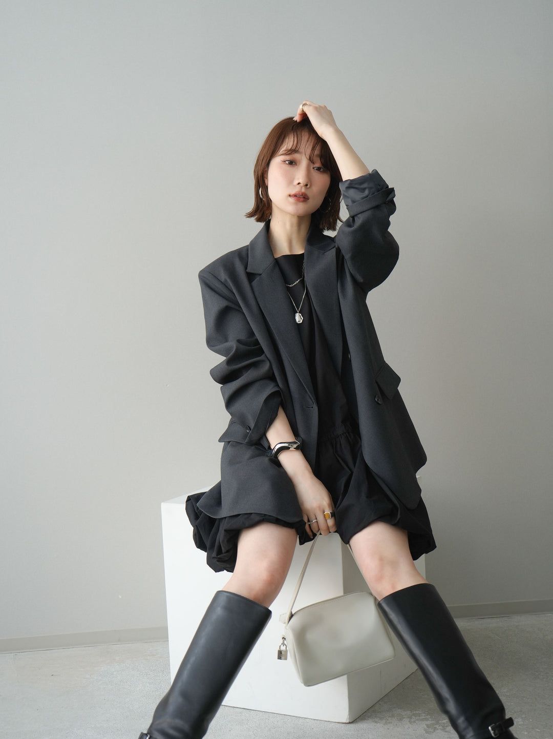 [SET]ノースリバルーンミニワンピース+ダブルブレストオーバージャケット(2set)