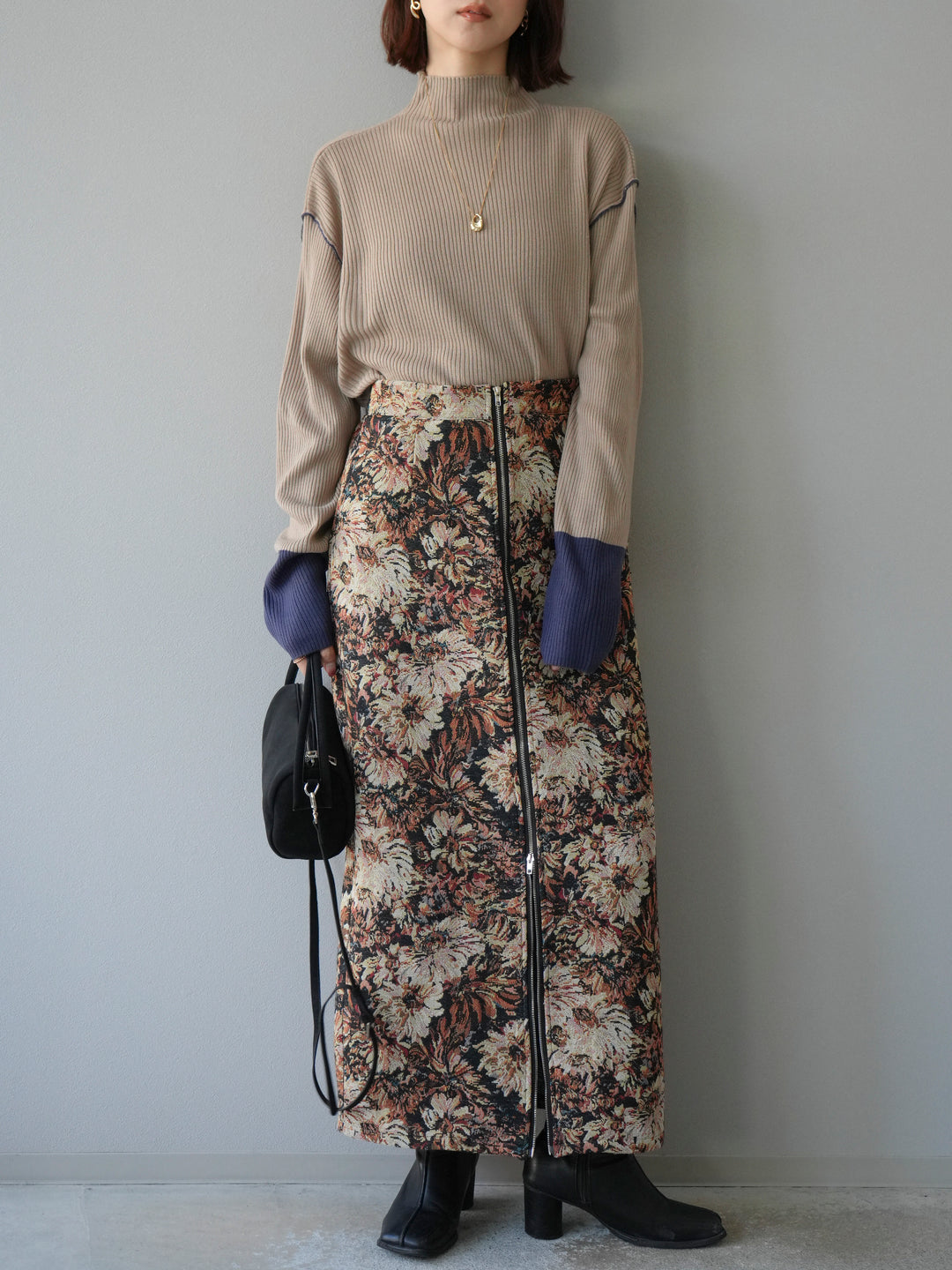 [予約]ボトルネック配色リブニットプルオーバー/ベージュ×アイアンブルー