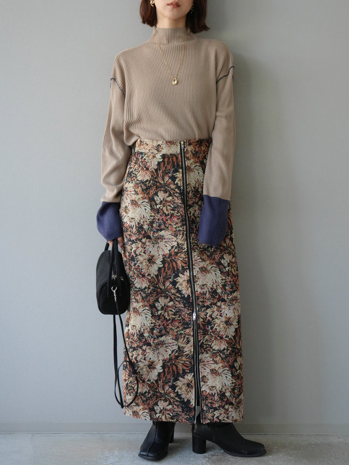 [予約]ボトルネック配色リブニットプルオーバー/ベージュ×アイアンブルー