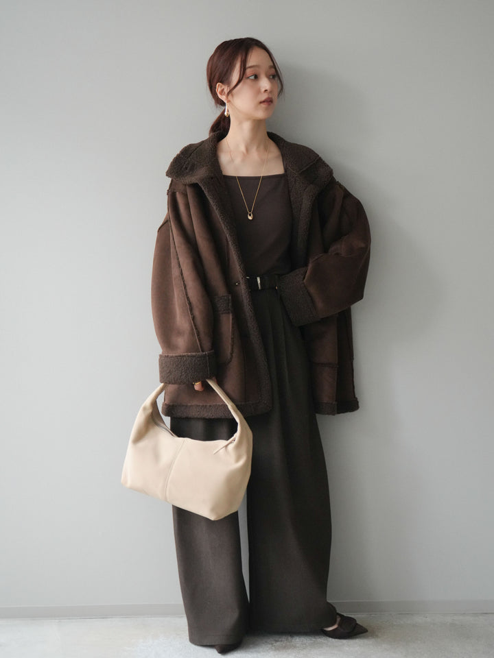 [予約]アニマル柄ベルト付きウールタッチワイドパンツ/brown