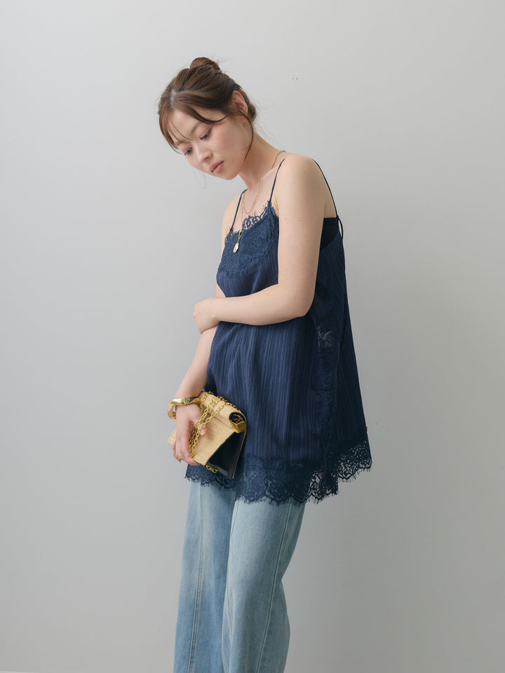 [予約]ワッシャーテクスチャーレーストリムキャミソール/navy