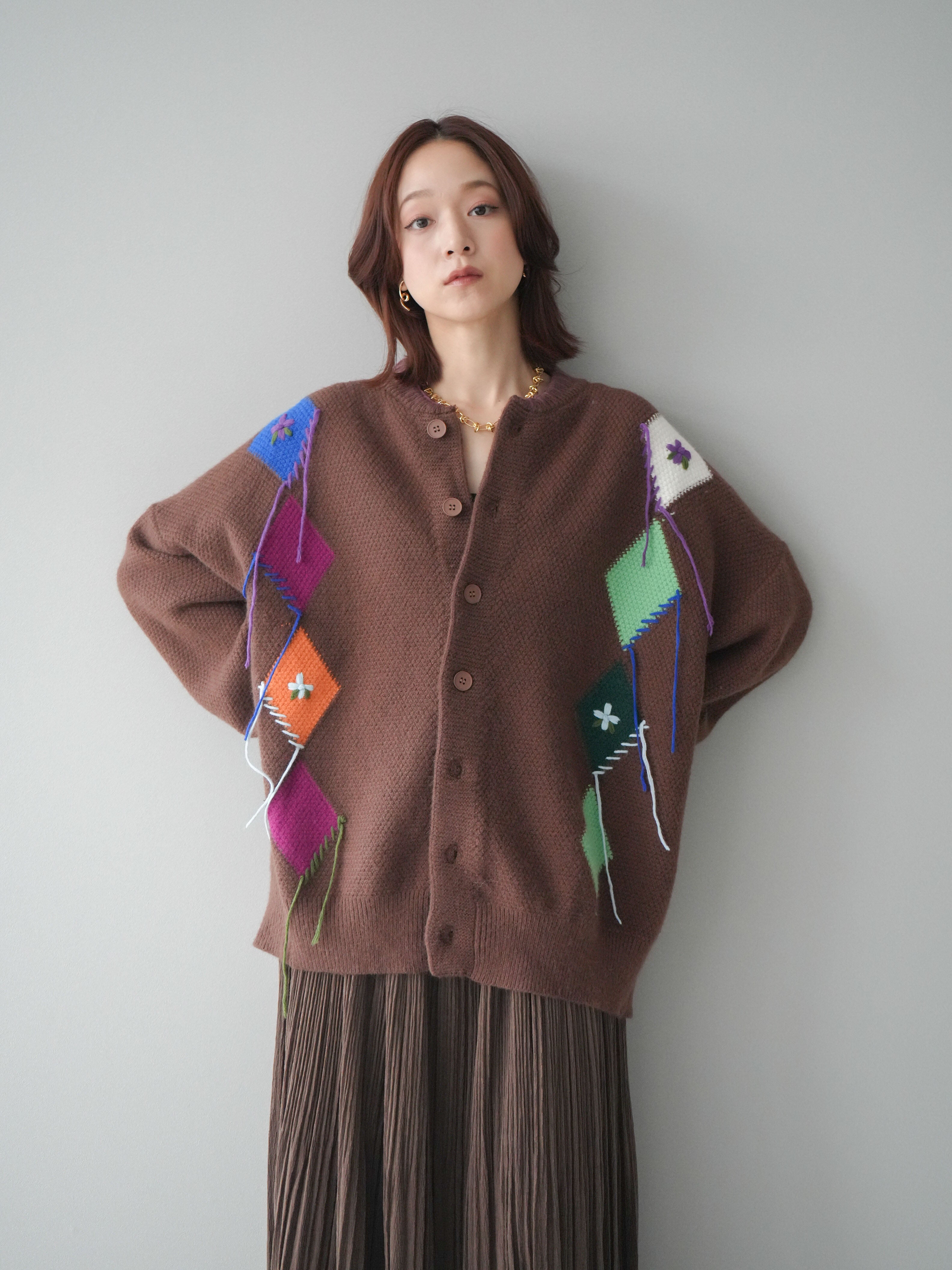 SET]ハンドステッチアーガイルデザインニットカーディガン+裾レース