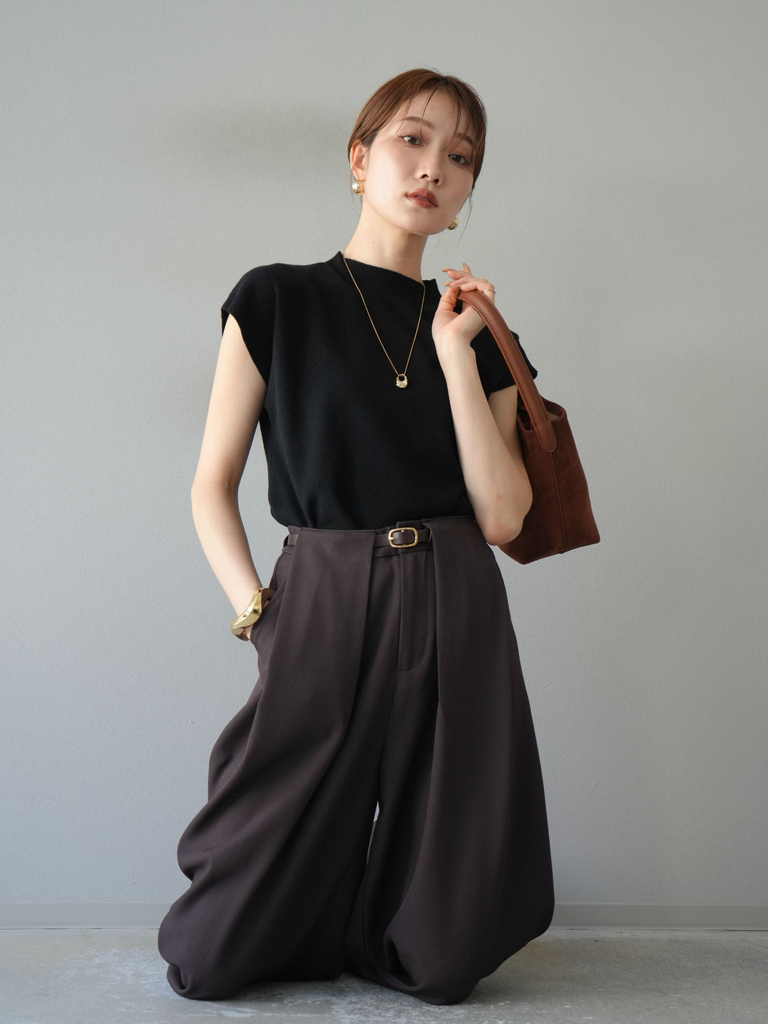 [予約]プチネックフレンチニットトップス/ブラック