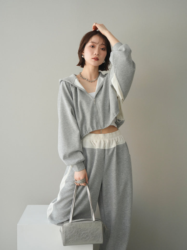 [予約]バイカラー異素材ライトポンチクロップドZIPフーディー/gray
