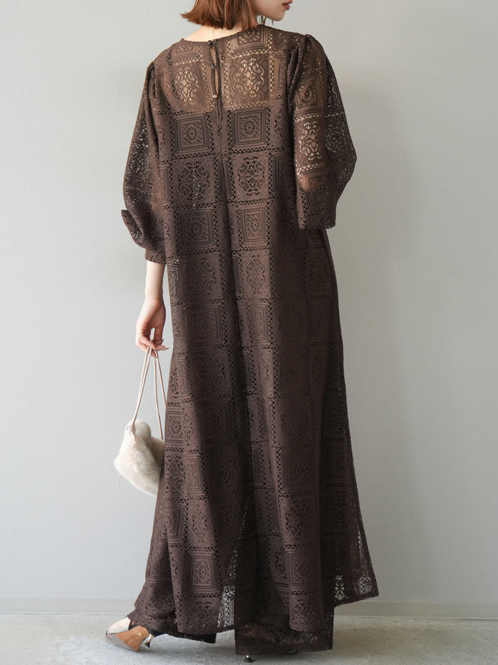 [予約]ブロックレースボリュームスリーブワンピース/ブラウン