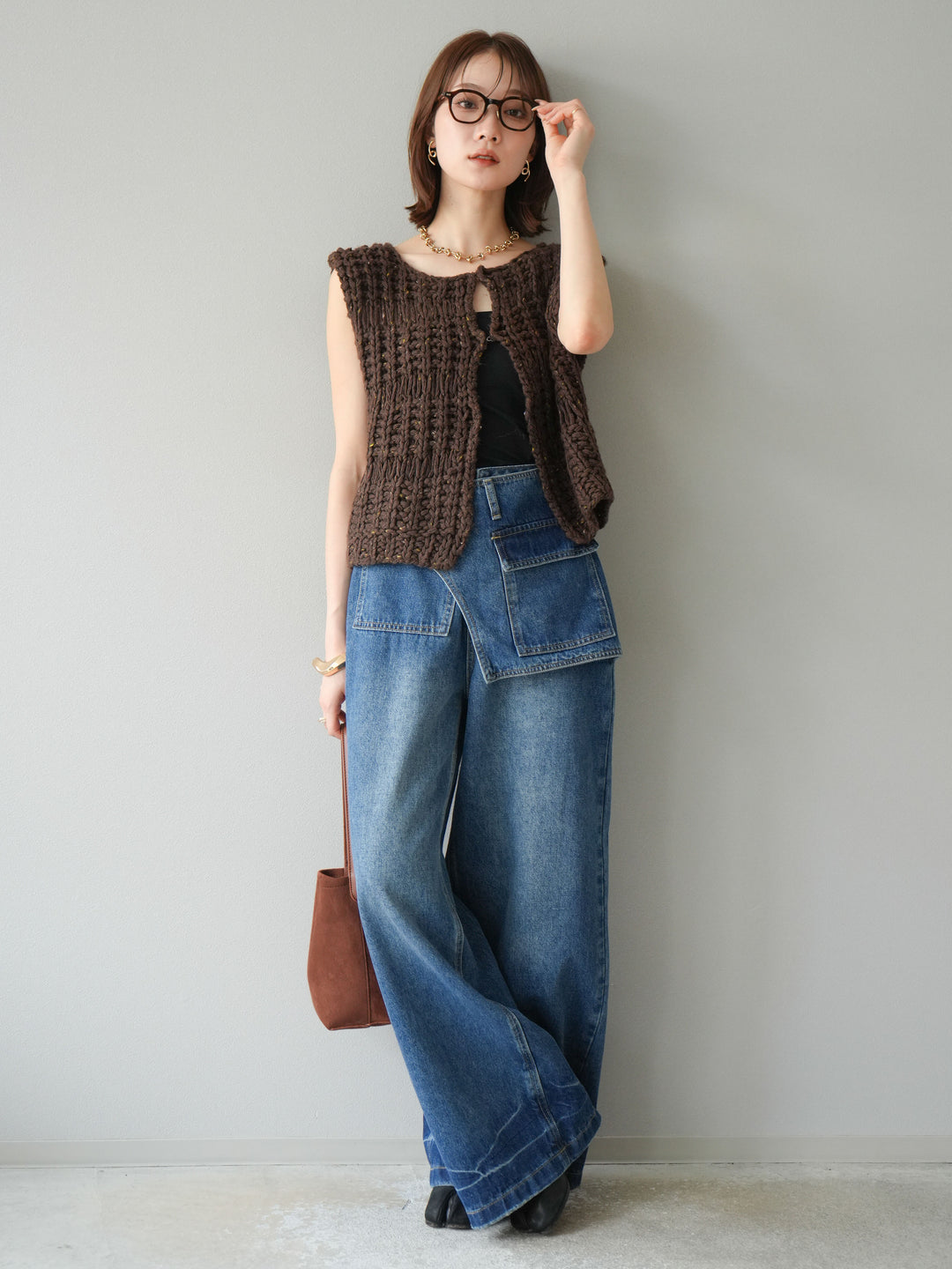 [予約]ミックスヤーンデザイン編みニットベスト/ブラウン