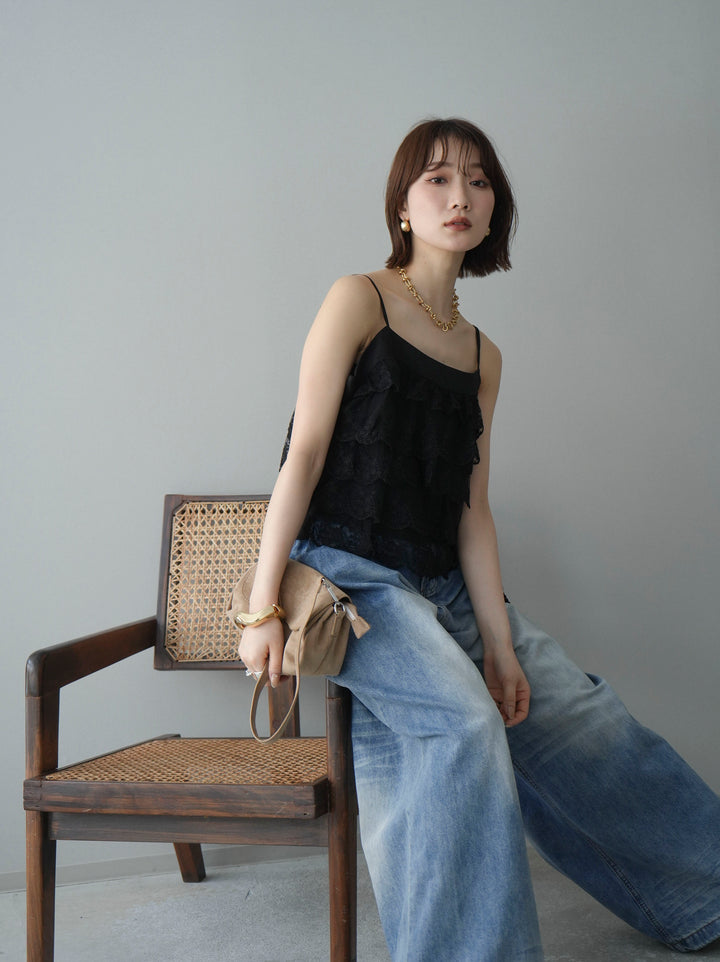 [SET]スカラップレースフリルキャミソール+フロントポケットサイドタックワイドデニム(2set)