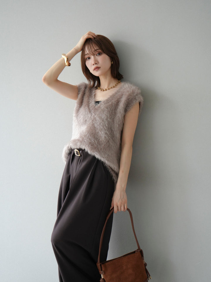 [SET]ラメシャギーVネックニットベスト+ベルトループデザインワイドパンツ(2set)