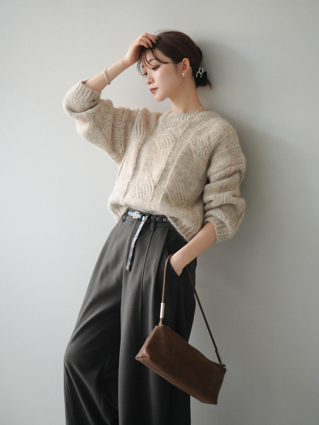 [予約]ワイドケーブルミックスニットプルオーバー/ivory