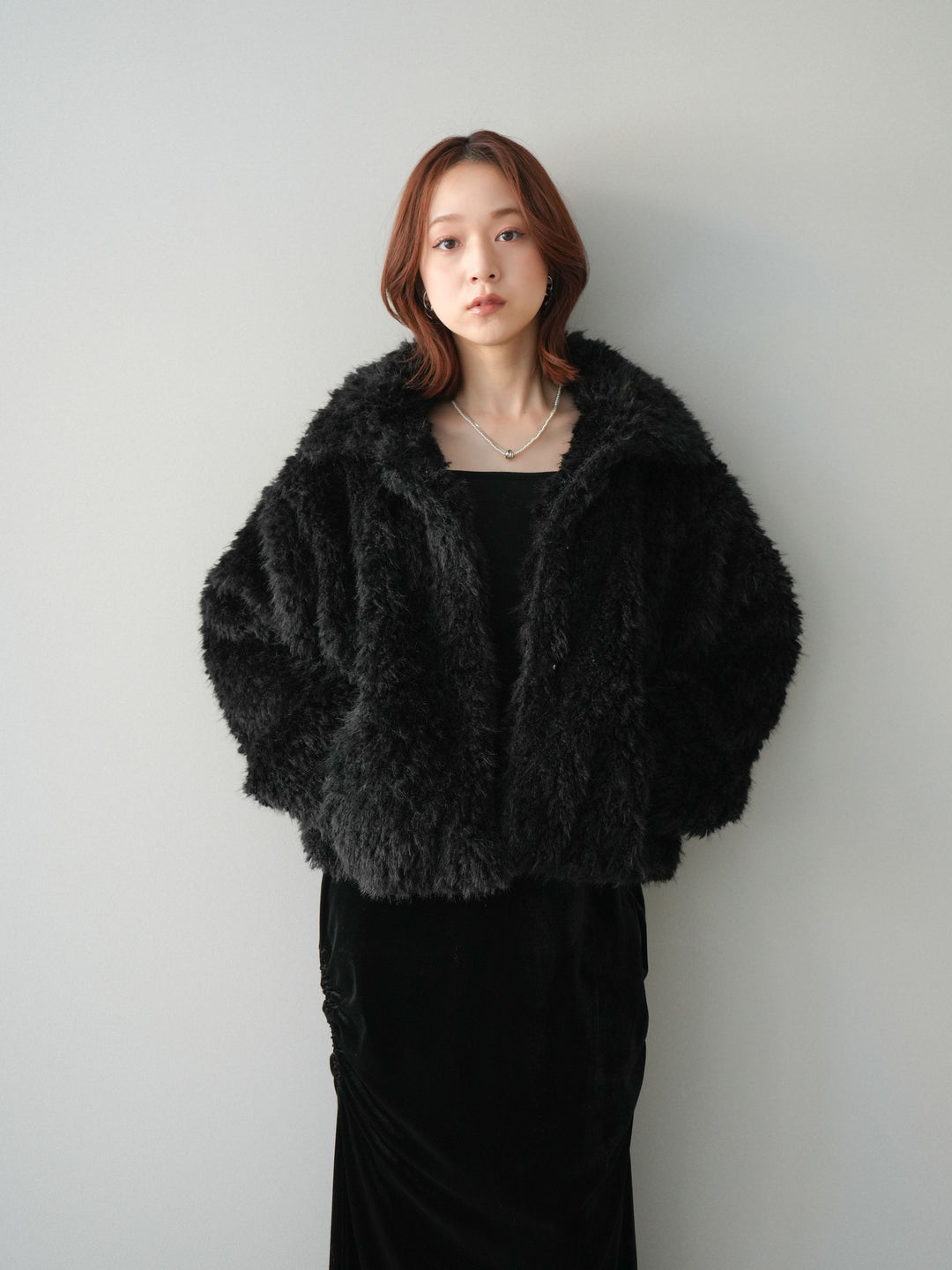 [SET]フェイクファー襟付きショートブルゾン+ギャザーベロアスカート(2set)