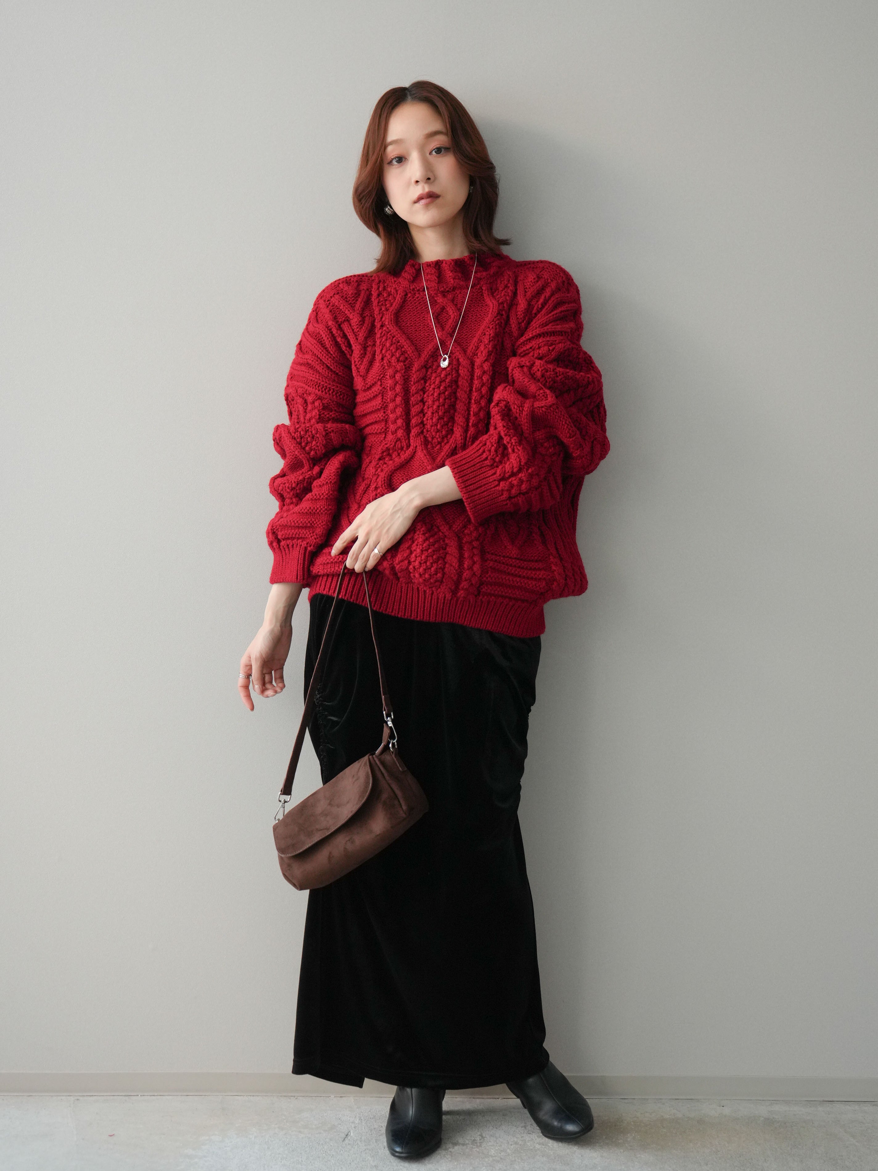 SET]ケーブル編みモックネックニットプルオーバー+ギャザーベロア