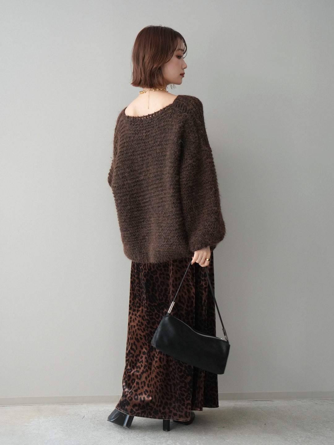 [SET]ワッフル編みシャギーニットプルオーバー+レオパードベロアナロースカート(2set)