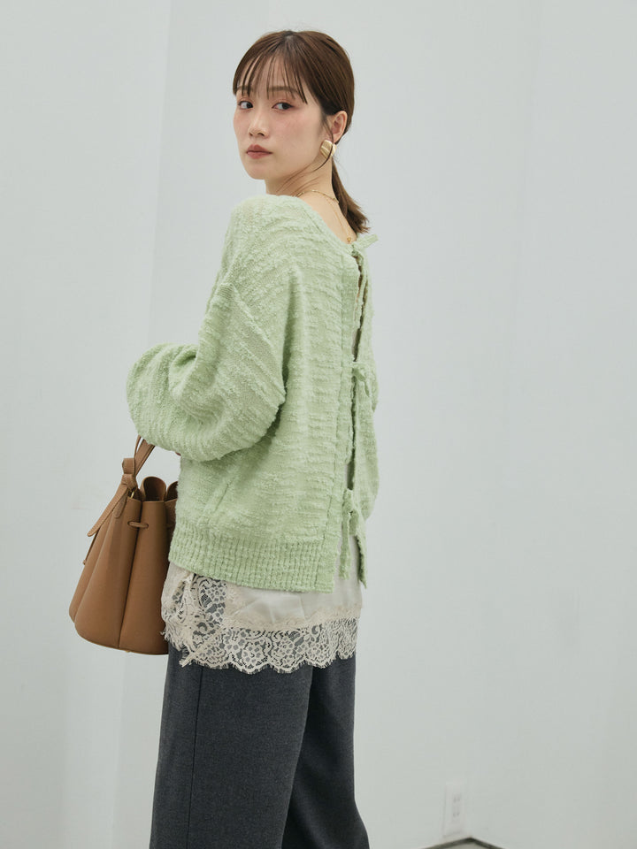 【Allure】[SET]バックリボンニュアンスブークレニットプルオーバー+ループデザインツイルワイドパンツ(2set)