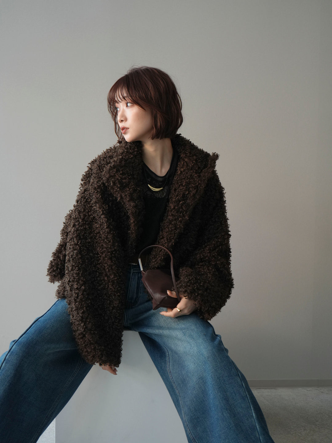 [SET]プードルファーミドルスタンドブルゾン+ベルト付裏起毛カーブデニムパンツ(2set)