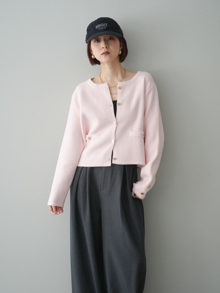 [SET]ゴールドボタンノーカラーニットジャケット+サテンベルトタックワイドパンツ(2set)