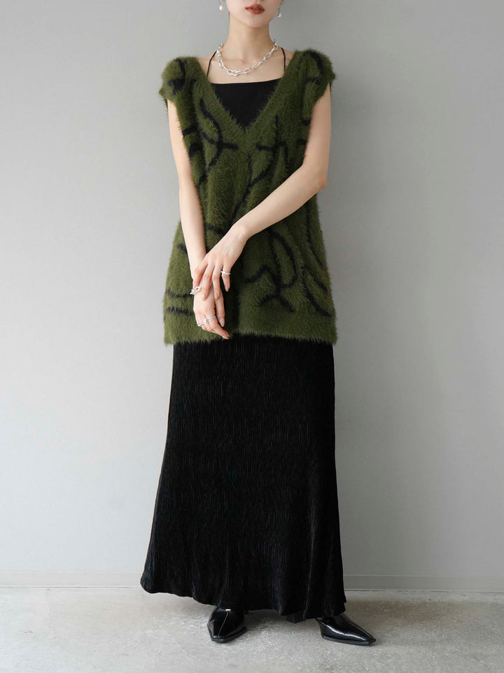 [予約]ラインシャギーニットベスト/カーキ