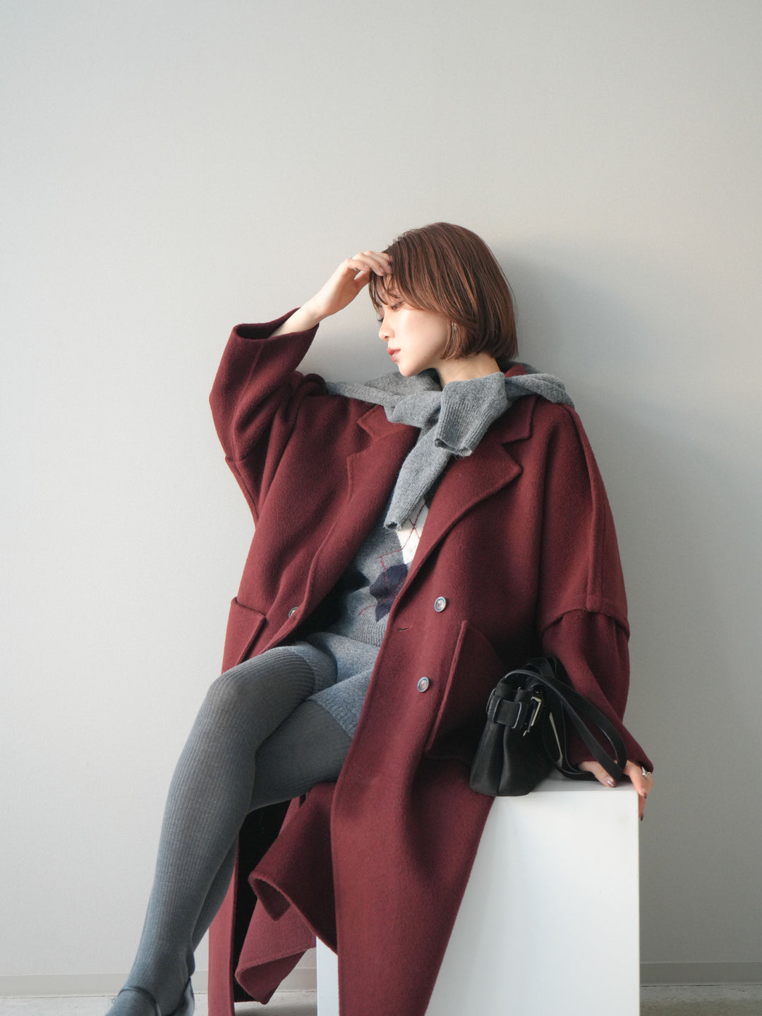 [SET]アーガイル柄3ピースSET UP+カシミヤダブルブレストロングコート(2set)