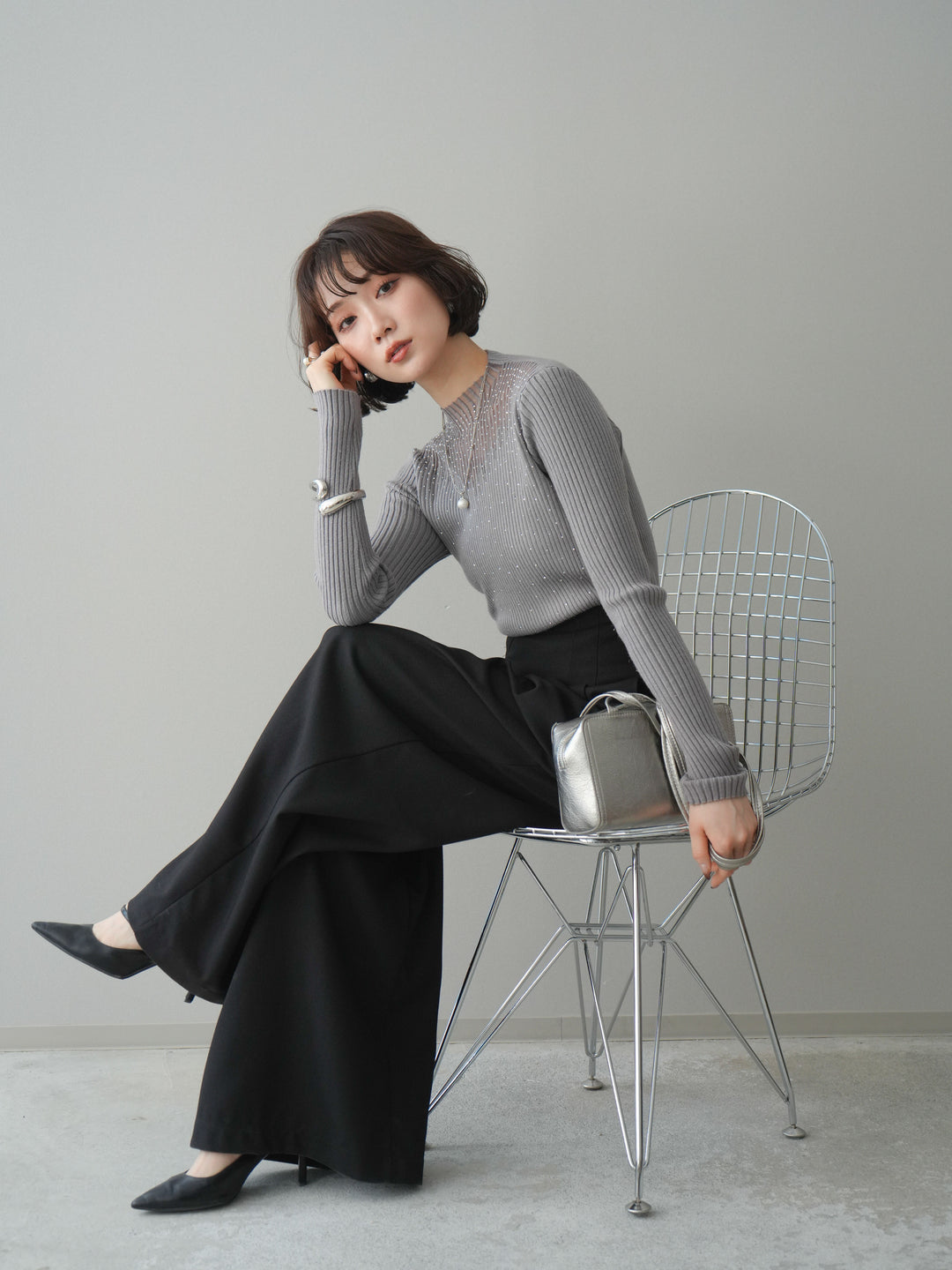 [SET]シアー切替スパンコールリブニットトップス+デザインハイウエストワイドパンツ(2set)