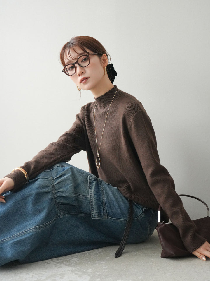 [予約]ボトルネック裾カールリブニットトップス/brown