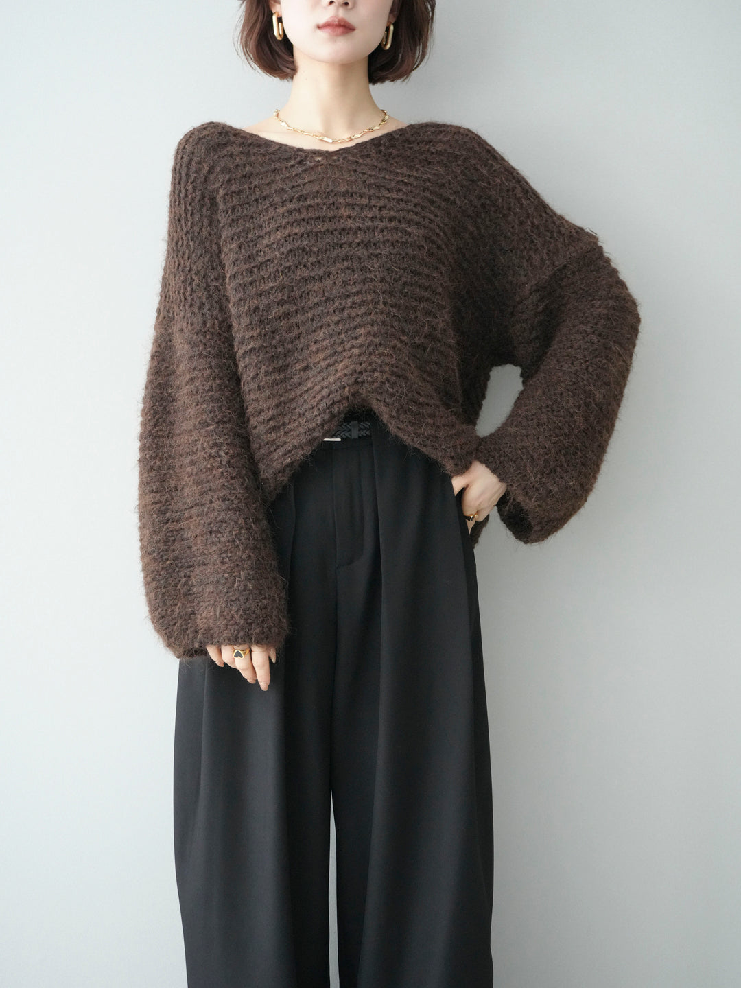 [予約]ワッフル編みシャギーニットプルオーバー/brown