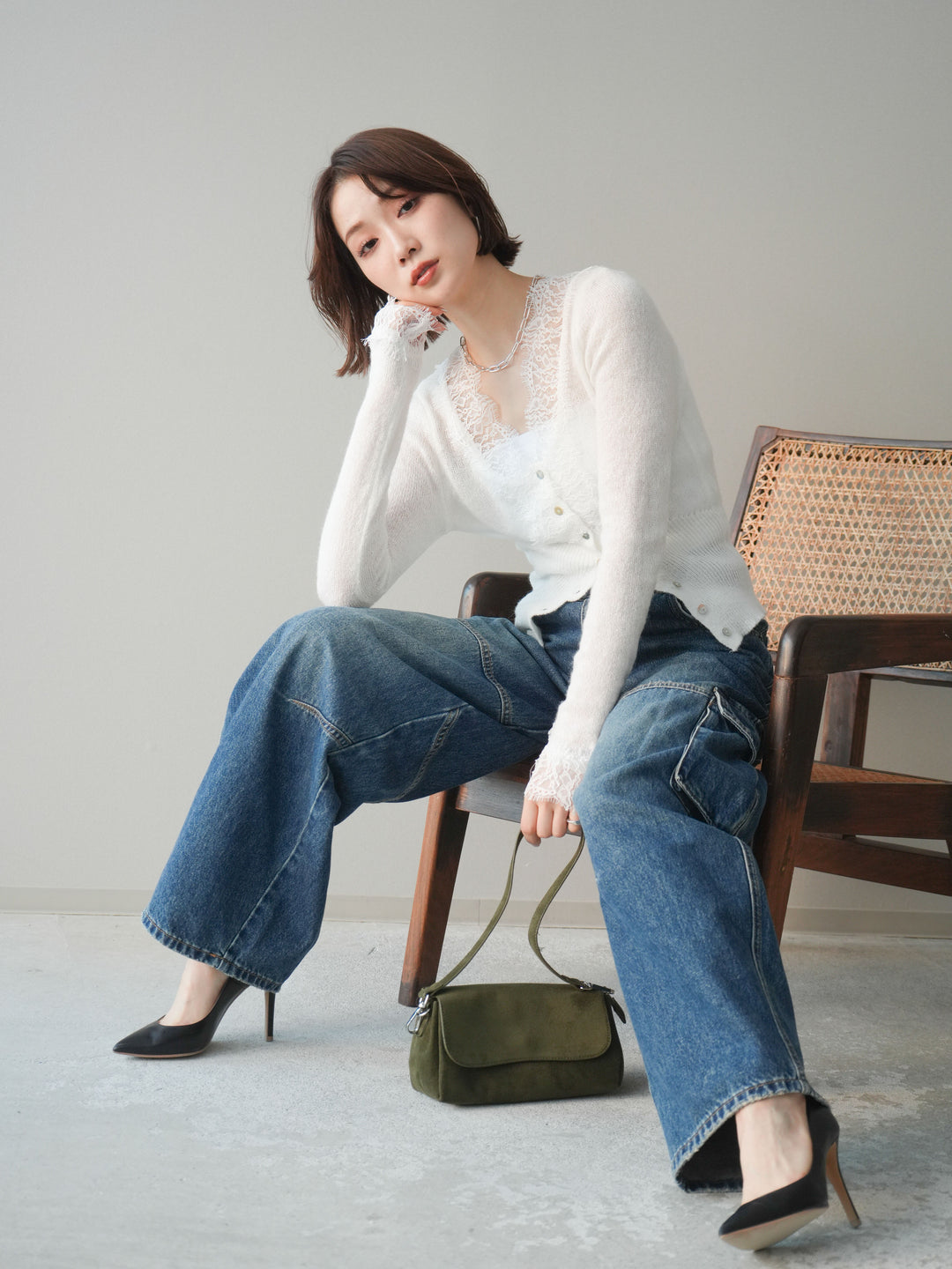 [予約]モヘアタッチレースニットカーディガン/off