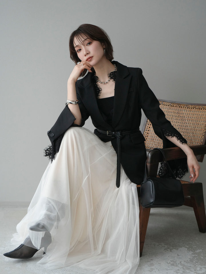 [SET]レースレイヤードスリットジャケット+チュールボリュームスカート(2set)