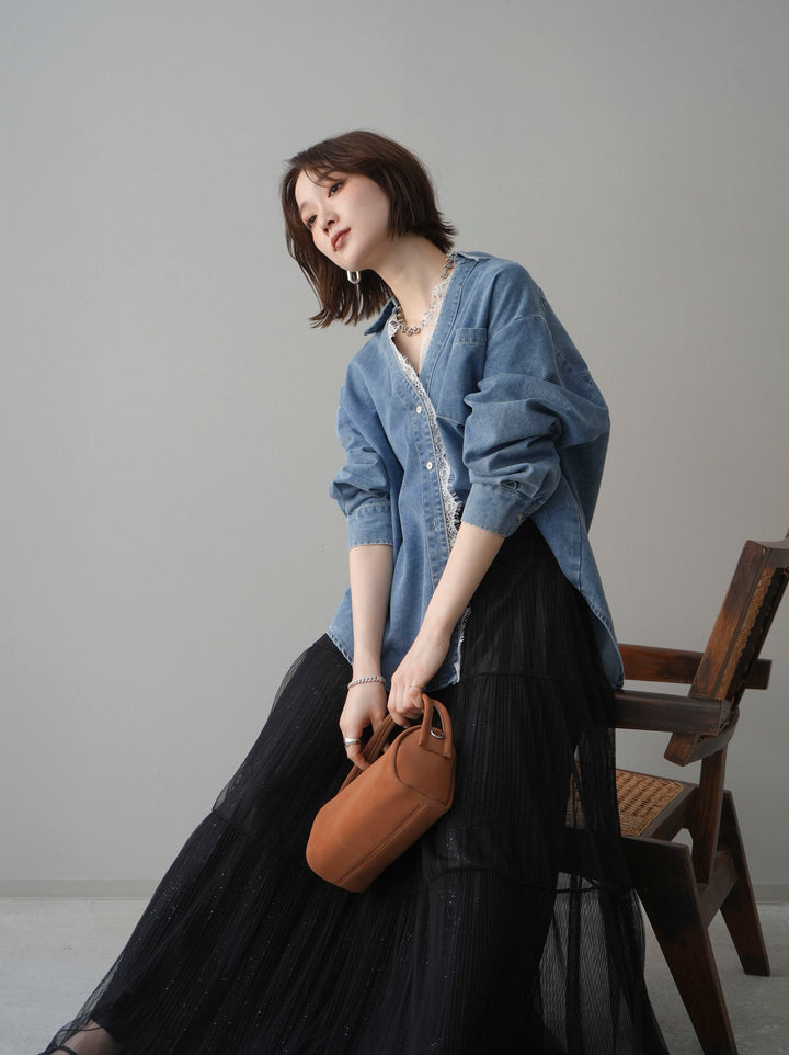 [SET]レースレイヤードデニム開襟シャツ+ラメプリーツレイヤードチュールロングスカート(2set)