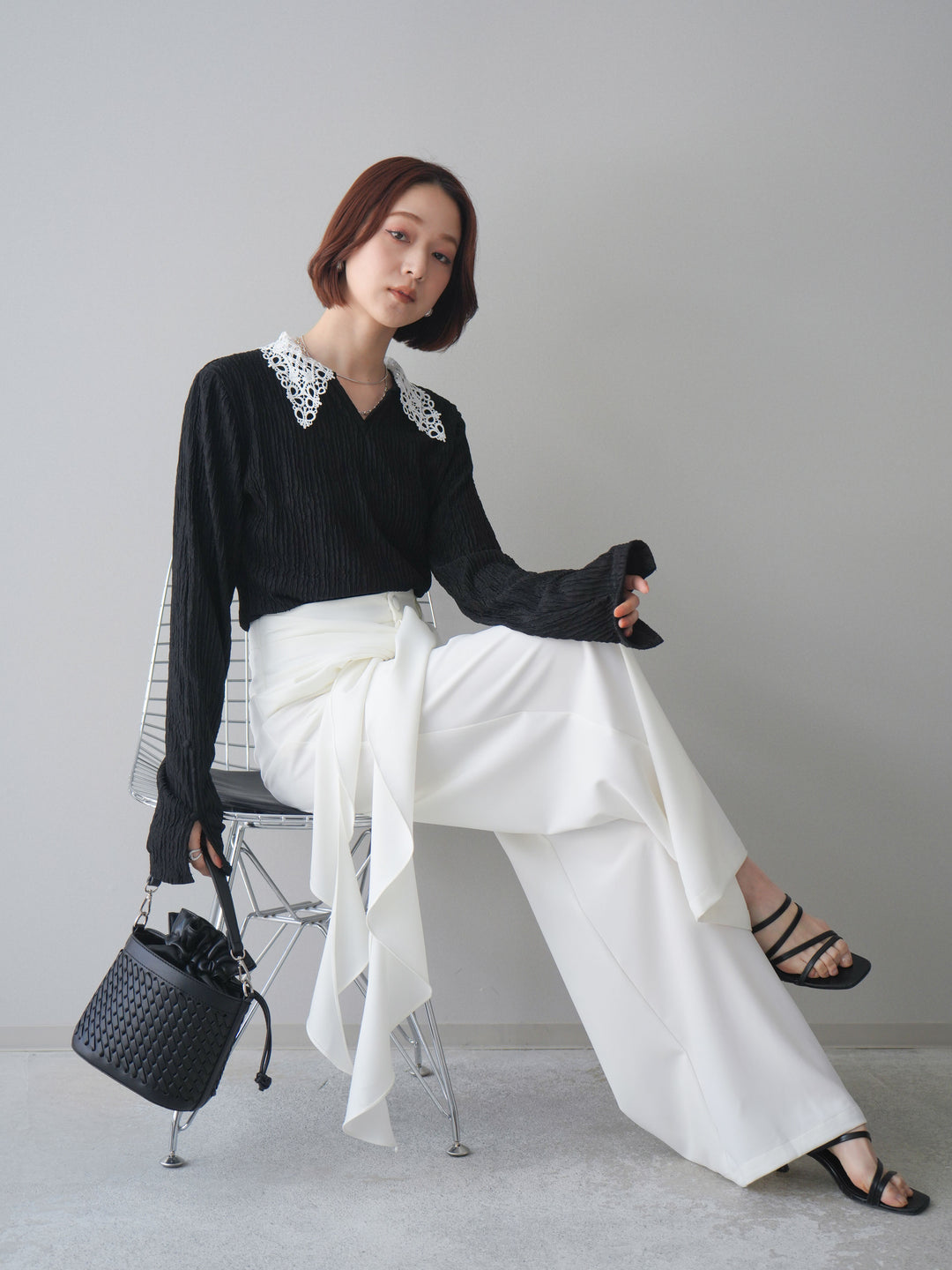 [SET]袖スリットレースカラートップス+選べるアクセセット(2set)