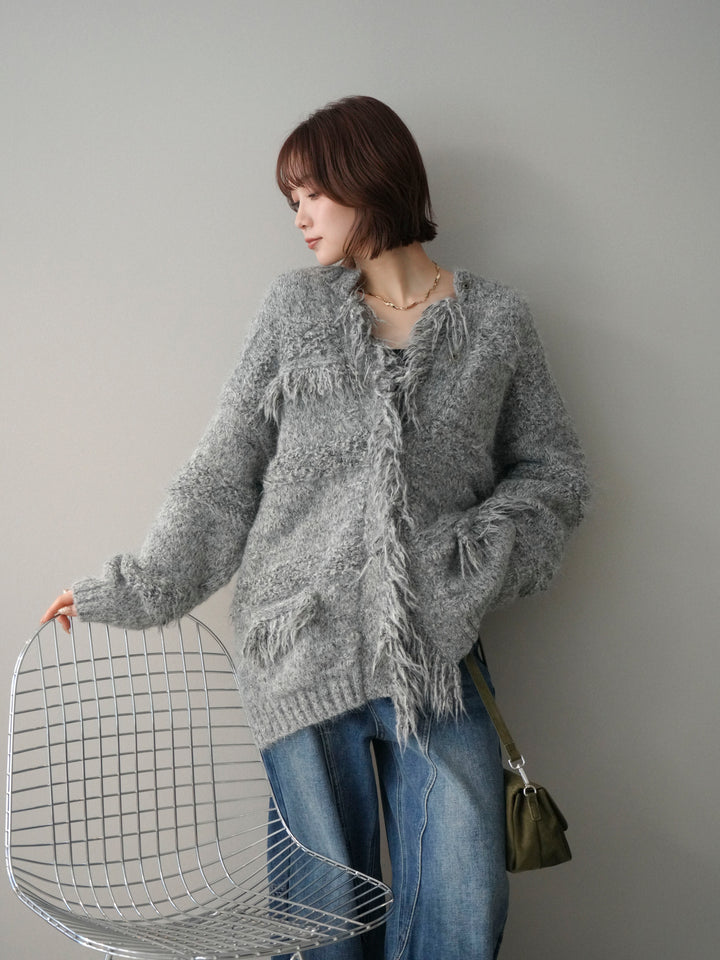 [予約]ミックスヤーンフリンジデザインニットジャケット/gray