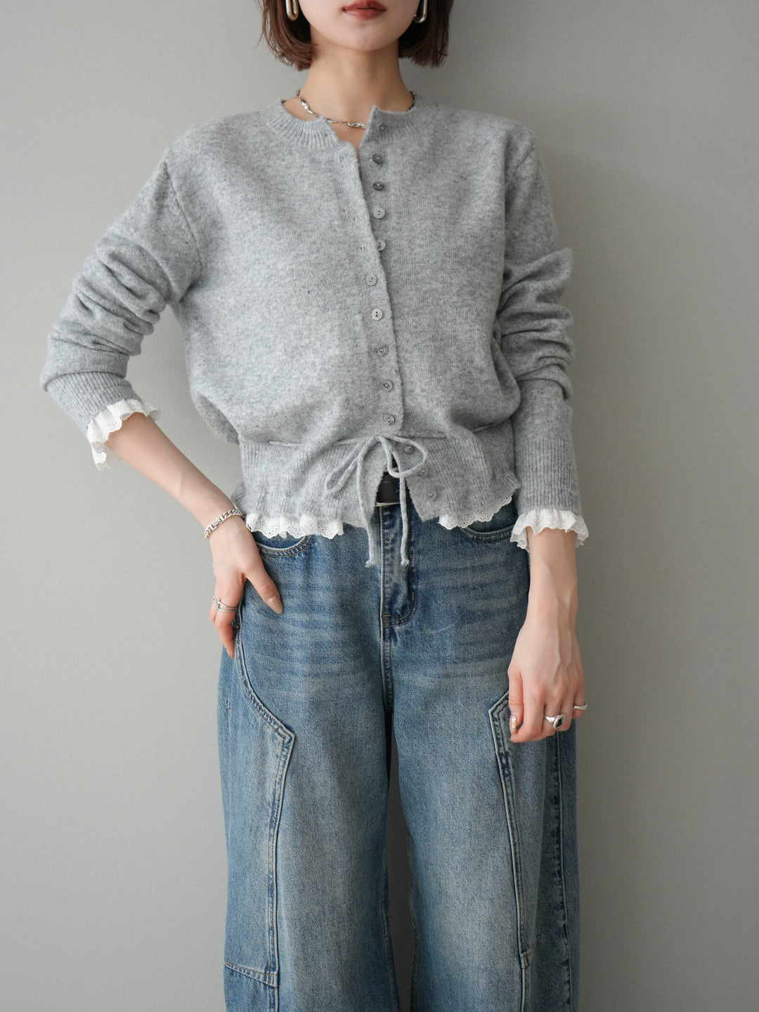 [SET]スカラップレース切り替ニットカーディガン+選べるアクセセット(2set)
