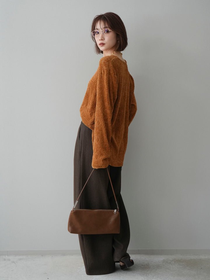 [SET]モール透かし編みニットトップス+アニマル柄ベルト付きウールタッチワイドパンツ(2set)