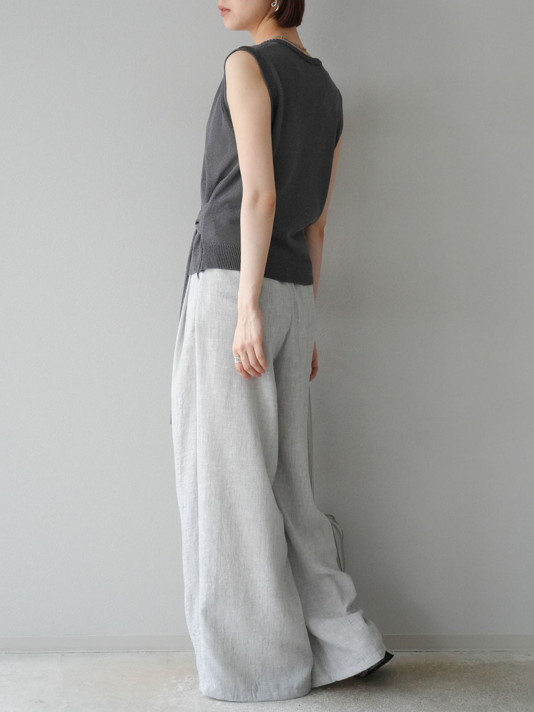 [予約]リネンライクベルト付タックループワイドパンツ/ライトグレー