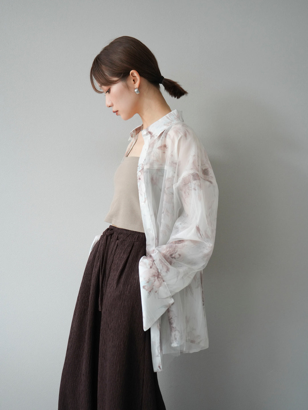 [予約]チュールドッキングフラワー柄オーバーサイズシャツ/オフ