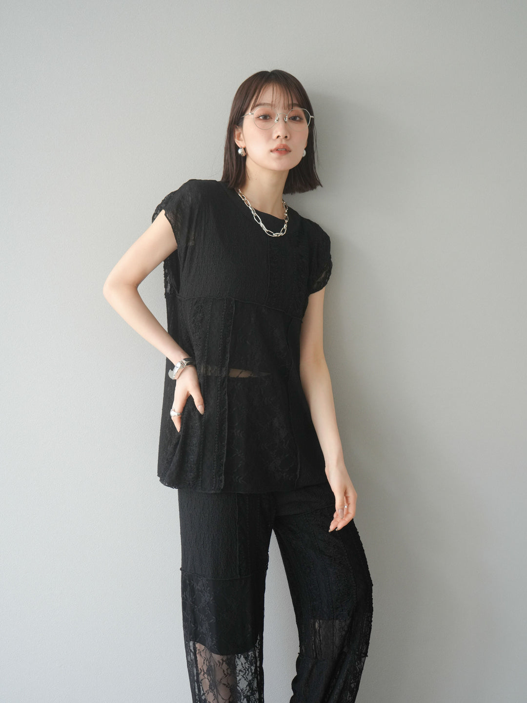 [予約]パッチワークレースフレンチプルオーバー/ブラック