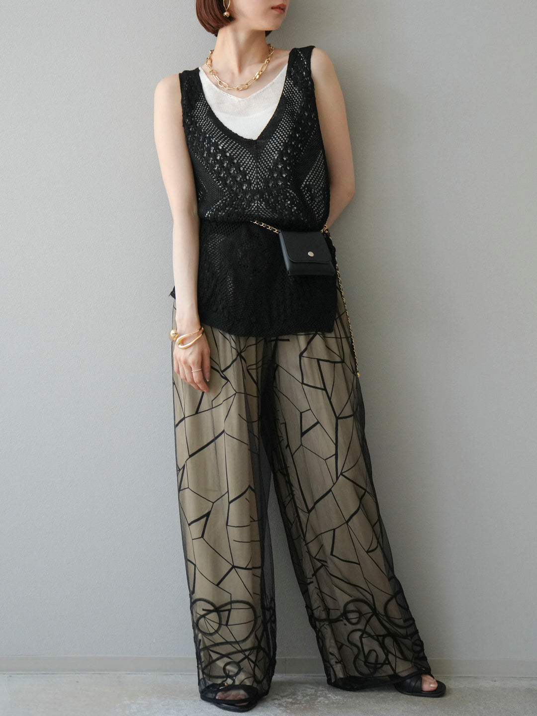 [予約]ビスコースサテンプリントタックイージーパンツ/ベージュ