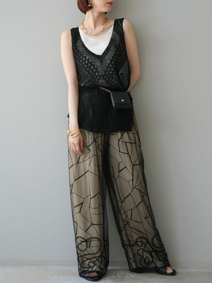 [予約]ビスコースサテンプリントタックイージーパンツ/ベージュ