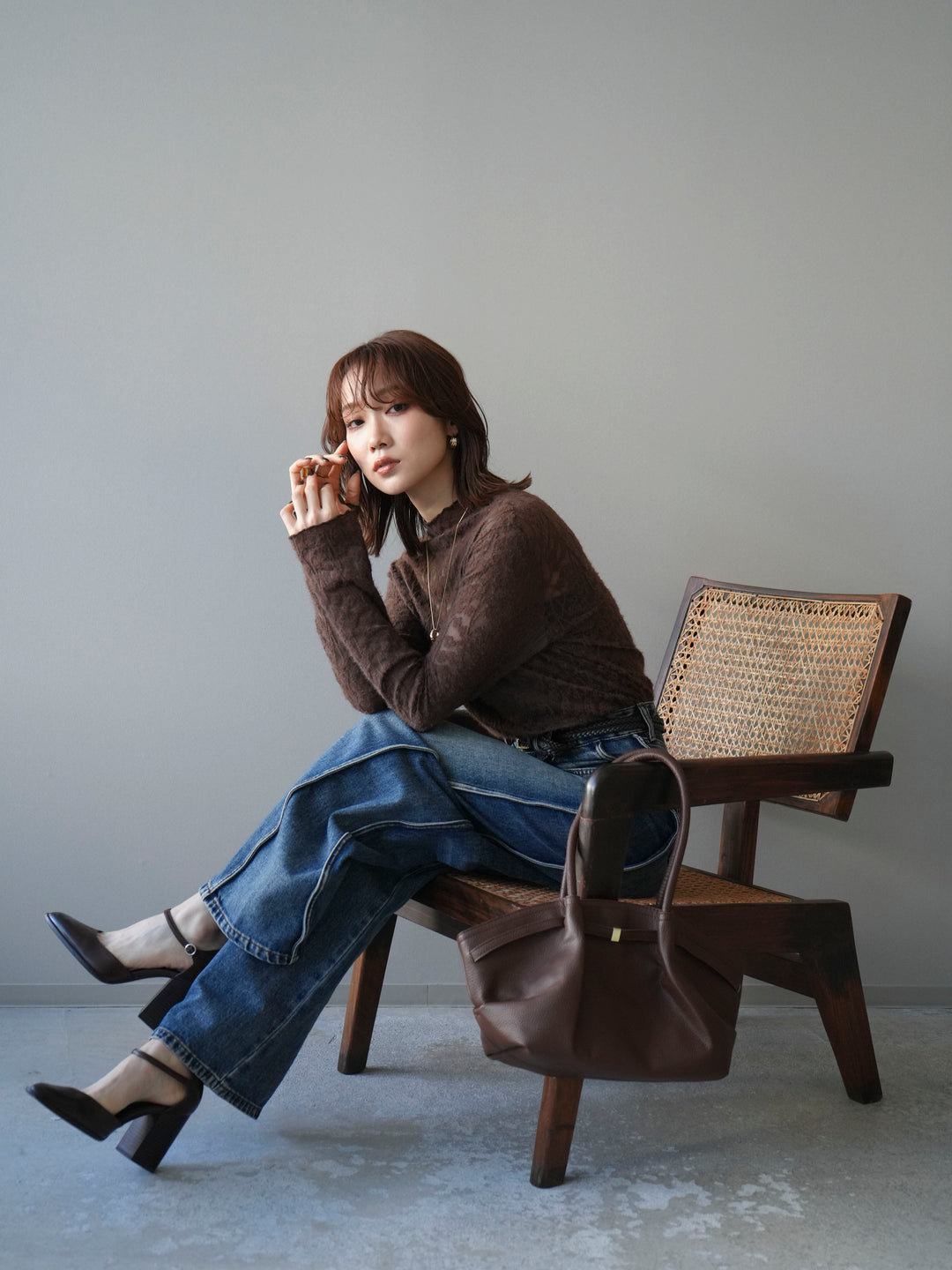 [予約]起毛レースプチネックトップス/brown