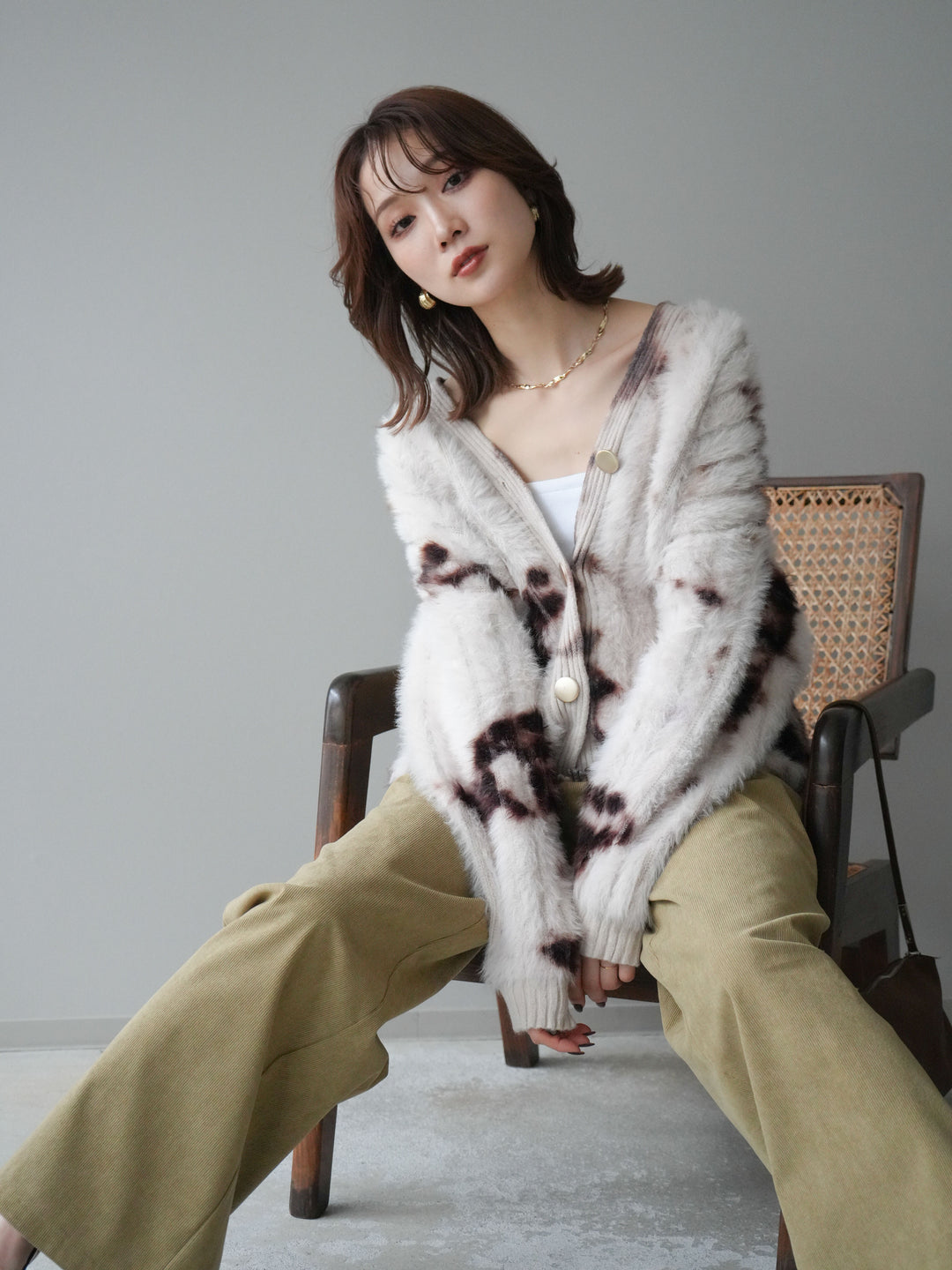 [SET]ニュアンス柄シャギーニットカーディガン+コーデュロイ巻きベルト付きパンツ(2set)