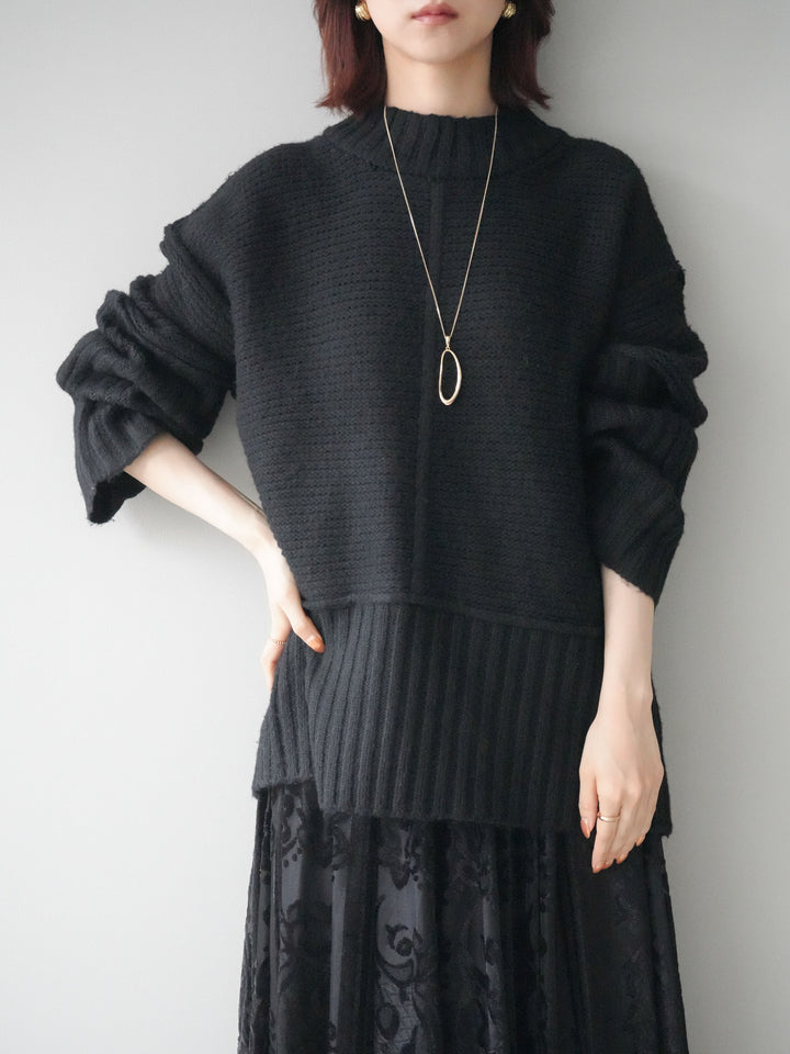 [SET]編み地切替ボトルネックニットプルオーバー+アンティーク柄フロッキーマキシスカート(2set)