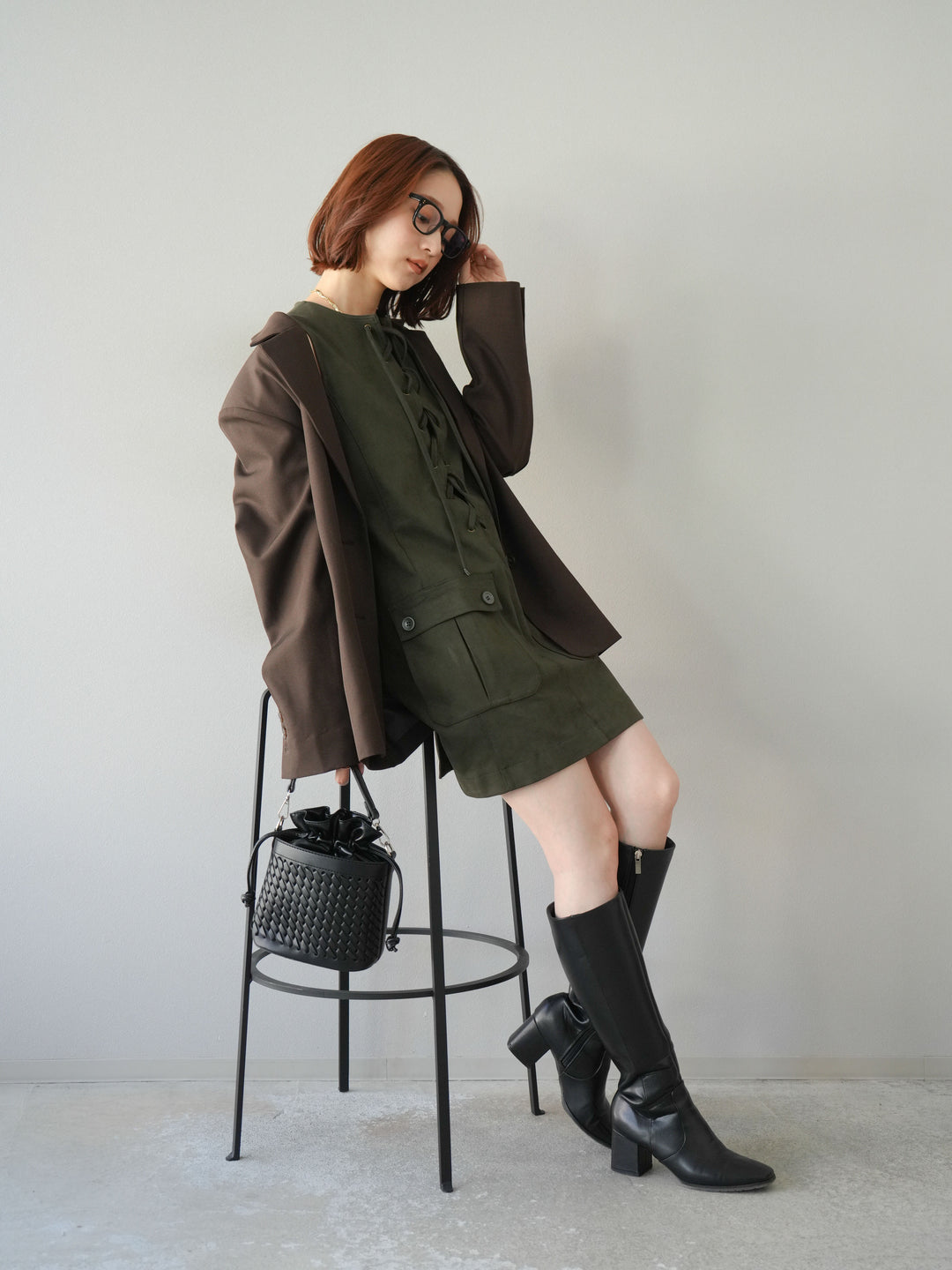 [予約]レースアップスエードミニワンピース/カーキ